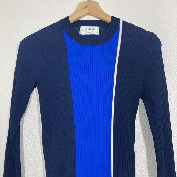 La Ligne New York Dress S Navy Blue Colorblock Ribbed Knit Bodycon Long Sleeve - Picture 4 of 16